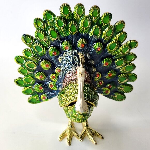 Peacock Decorative Box Trinket Jewelry Box Hinged Jeweled Gold Enamel Painted - Picture 2 of 13